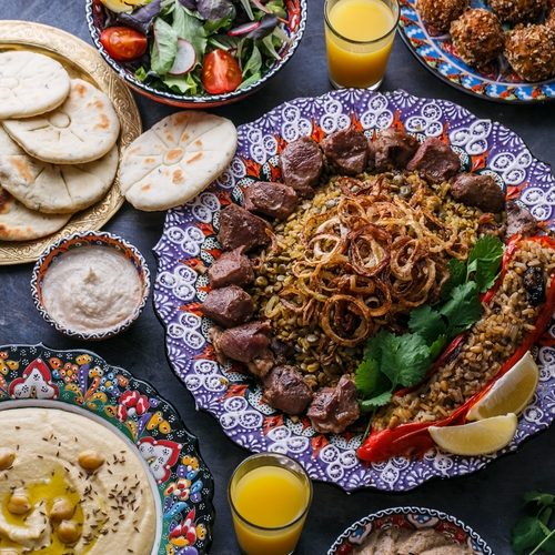 Middle eastern or arabic party food top view.