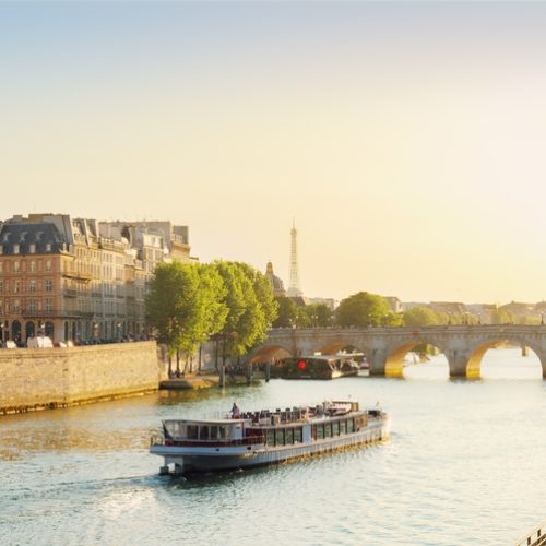 Pont Neuf and Seine river with tour boat at sunny summer sunset, Paris, France